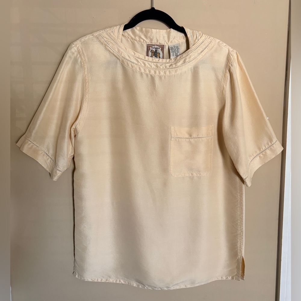 Vintage Silk Short Sleeve Top in Cream by Kriss Kross Small